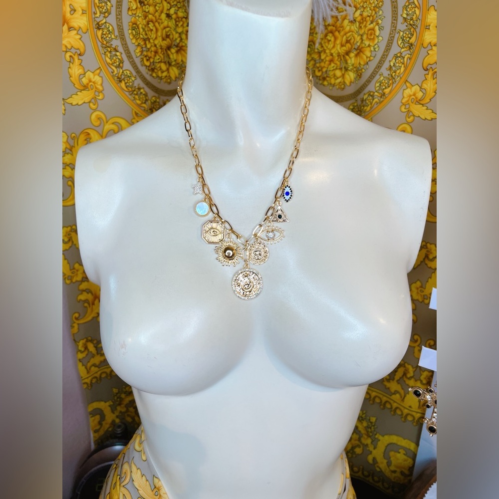 18k gold plated Celestial charm 🌞 🌙 🧿 paperclip medallion 16” to 18” necklace - Picture 2 of 5
